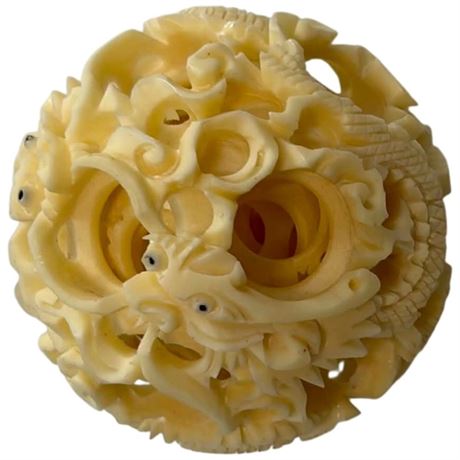Carved Bone Chinese Puzzle Ball With Dragon Motif