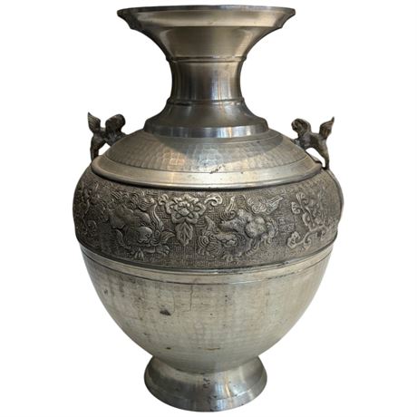 Vintage Selangor Pewter 97% Vase With Foodog Motif