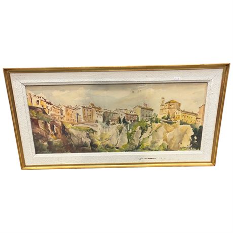 Framed Watercolor Of European Village Signed Cadana