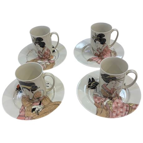 8 Pieces Of Fitz & Floyd Coffee Mugs & Plates "Geisha"