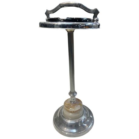 Vintage Chrome Standing Ashtray With Slag Glass Accent