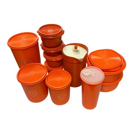 11 Pieces Of Vintage Orange Tupperware