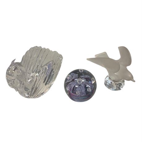 3 Pieces Of Art Glass, Swan Bowl, Bird & Paper Weight