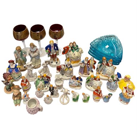 Large Assortment Of Porcelain Figurines, Glass Trays, Cups, Etc..