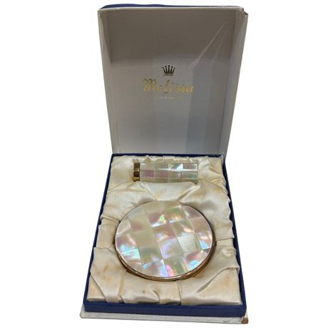 Vintage Melissa Mother Of Pearl Lipstick Container And Compact