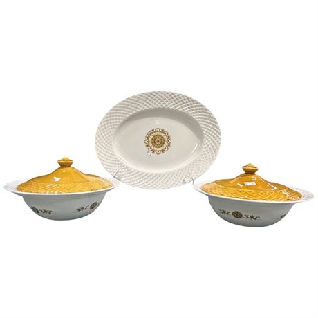 Vintage Gold Medallion Enoch Edgewood Platter & 2 Lidded Bowls