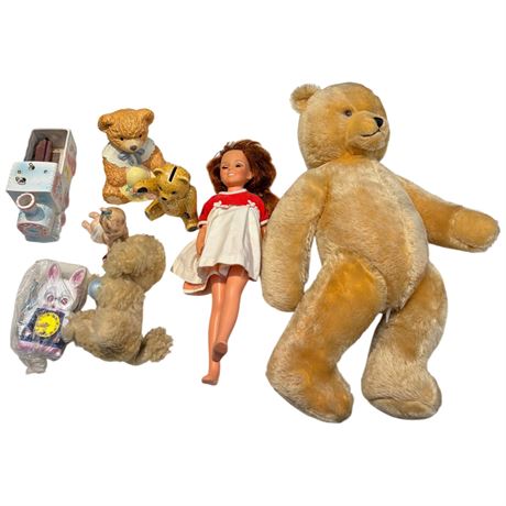 Assorted Vintage Collectibles, Articulating Burping Bear, Bunny Clock, Etc.