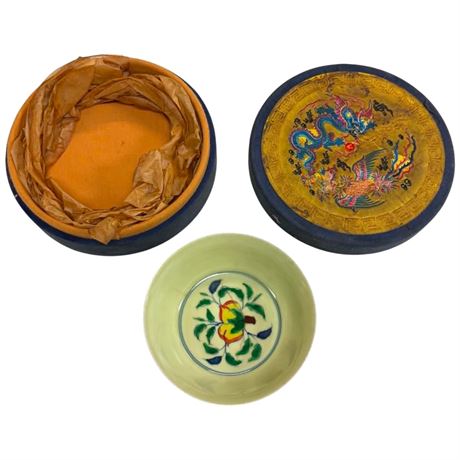 Vintage Chinese Bowl In Embroidered Box With Bird And Dragon Motif
