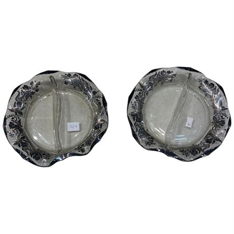 2 Glass Divided Condiment Bowls With Silver Overlay