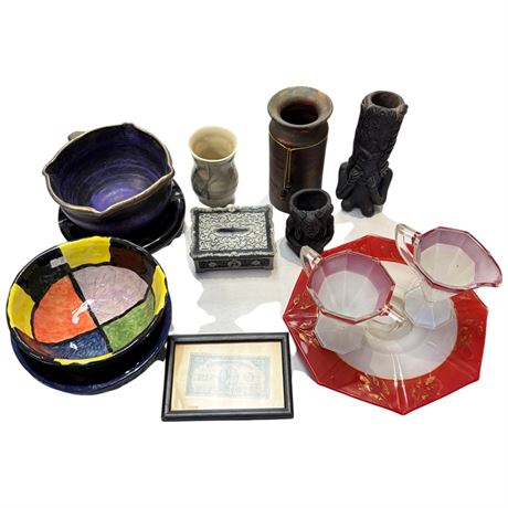 Assorted Collectibles, Pottery, 25 Cent Paper Bill, Glassware, Etc..