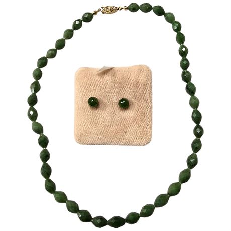 Faceted Jade Bead Necklace & Faceted Jade Gold Filled Earrings