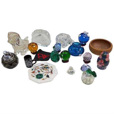Assorted Glass Collectibles, Paper Weights, Vases, Table Lighter