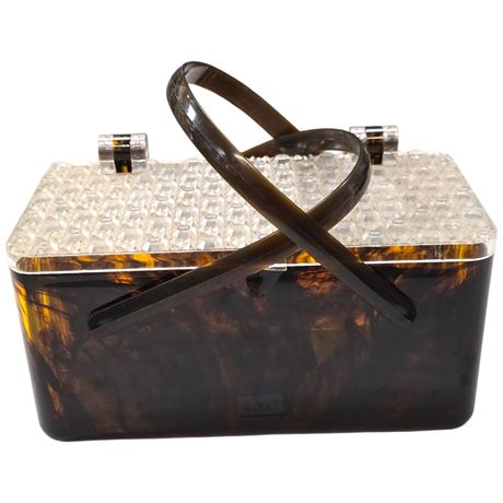 Vintage Tortoise Shell Lucite Handbag With Clear Diamond Pattern Top
