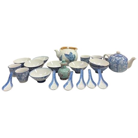 Assorted Asian Dishes, Embossed Butterfly Teapot, Bowls, Cups, Spoons, Etc..