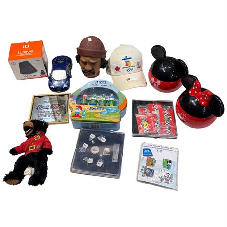 Assorted Collectibles, Mickey/Minnie Miuse Bowls, Pez, Pins, Etc.