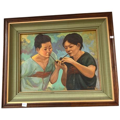 Framed Oil On Canvas Of Ladies Smoking Pope, Signed By Artist