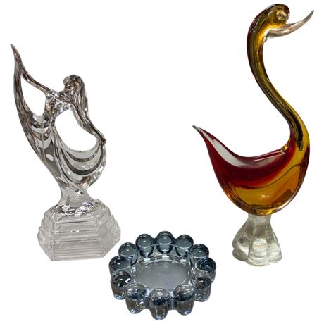 3 Art Glass Collectibles, Ashtray, Swan, And Dancing Lady