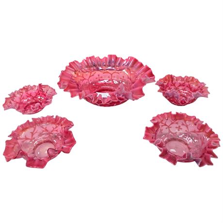 1920S 5 Piece Northwood Spanish Lace Cranberry Opalescent  Glass Bowl Set