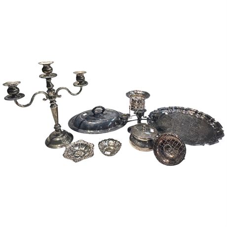 Assorted Silver Plate, Candlestick, Tray, Platter, Etc..