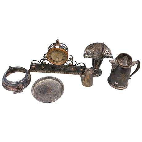 Assorted Silver Plate, Clock, Basket, Pitcher, Bowl, Etc..