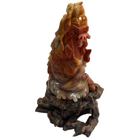 Vintage Carved Jade Dragon Fish On Old Wood Base