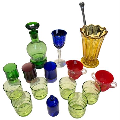 Assorted Collectible Colored Glass, Cups, Vases, Etc..