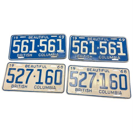 2 Pairs Of British Columbia License Plates 1968, 1969
