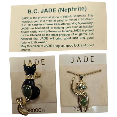 2 B.C Jade Cat Costume Jewelry Pieces, Necklace & Brooch