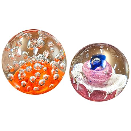 2 Art Glass Bubble Paperweights