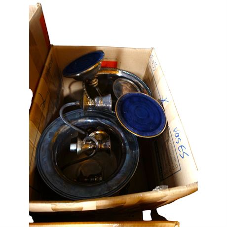 Assorted Metalware And Blue Ceramic Pieces