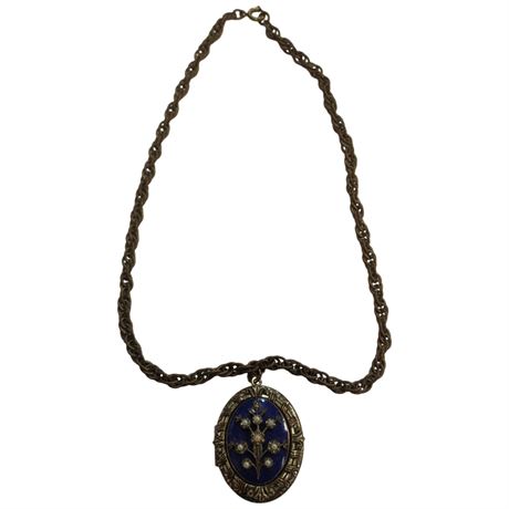 Trifari Blue Enamel Floral Locket Necklace