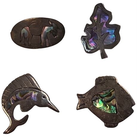 4 Sterling Silver Abalone Shell Inlay Brooch Pins