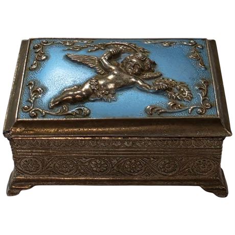 Gold Tone Metal Cherub Jewelry Box