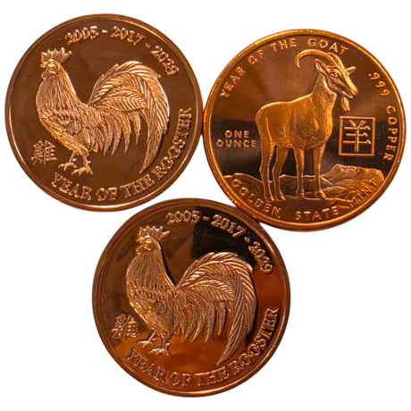 3 Zodiac One Ounce .999 Copper Coins