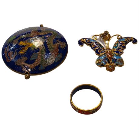 3 Cloisonne Enamel Pieces, Butterfly, Ring, Etc..