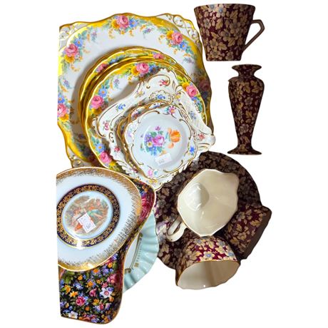 Assorted Floral China Plates, Cups And Vase