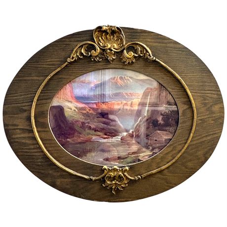 Oval Framed Mountain Waterfall Print