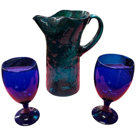 3-Piece Colorful Art Glass Pitcher And Goblets