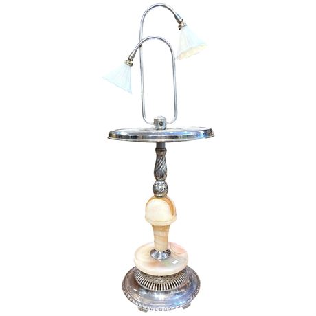 Vintage Dual-Light Floor Lamp Standing Ashtray With Slag Glass Base
