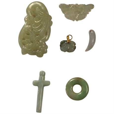 6 Carved Jade Stone Pendants, Etc..