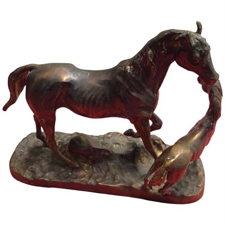 Cast Metal Horse And Foal Sculpture