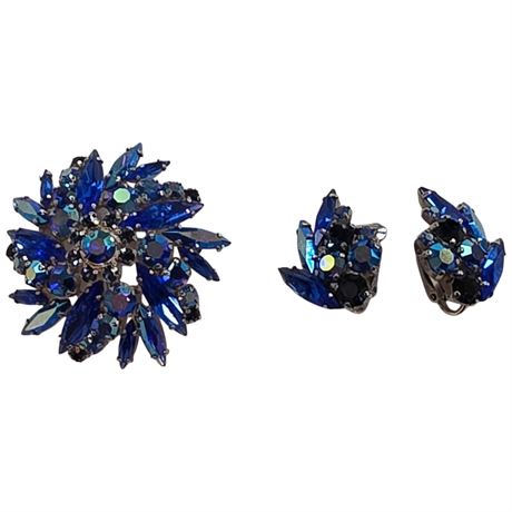 Sherman Blue Rhinestone Brooch And Earrings