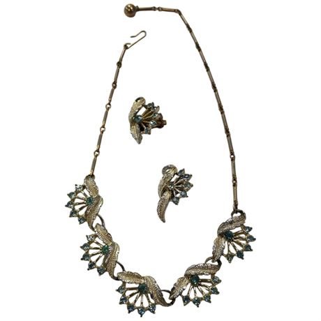 Gold Tone Blue Rhinestone Necklace And Earrings