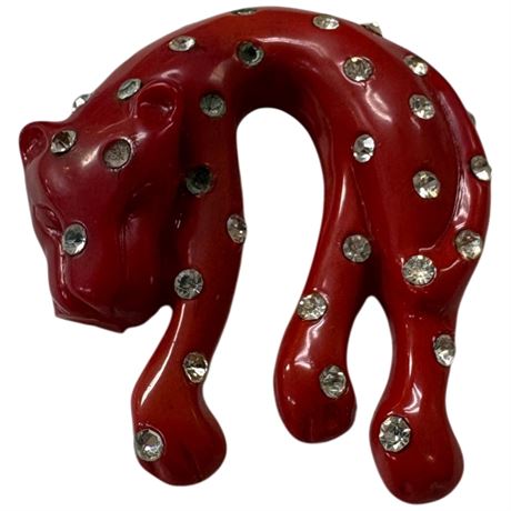 Red Bakelite Rhinestone Cat Brooch