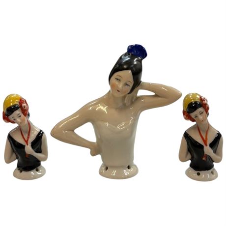 3 Porcelain Half Doll Pin Cushion Tops