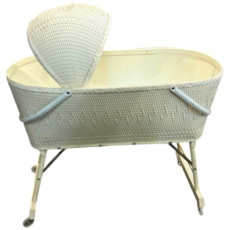 Vintage White Wicker Baby Bassinet On Casters