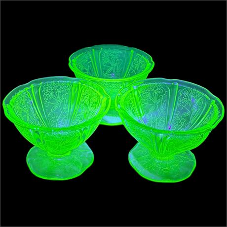 3 1930s Uranium Jeannette Glass "Cherry Blossom" Footed Dessert Cups