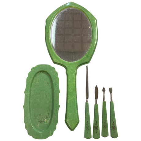 Vintage Marbled Green Celluloid Vanity Set