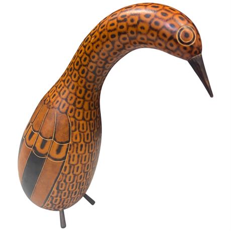 Painted Gourd Long-Neck Bird Sculpture Rattle