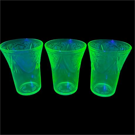 3 1930s Uranium Hazel Atlas "Royal Lace" Glass Tumblers